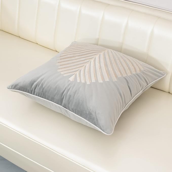 Aeckself Gray White Leaves Velvet Throw Pillow Cover 18 x 18 Inch, Embroidery Square Cushion Case with Stitched Edge Luxury Modern Decorative Farmhouse Pillowcase for Couch Living Room Bedroom