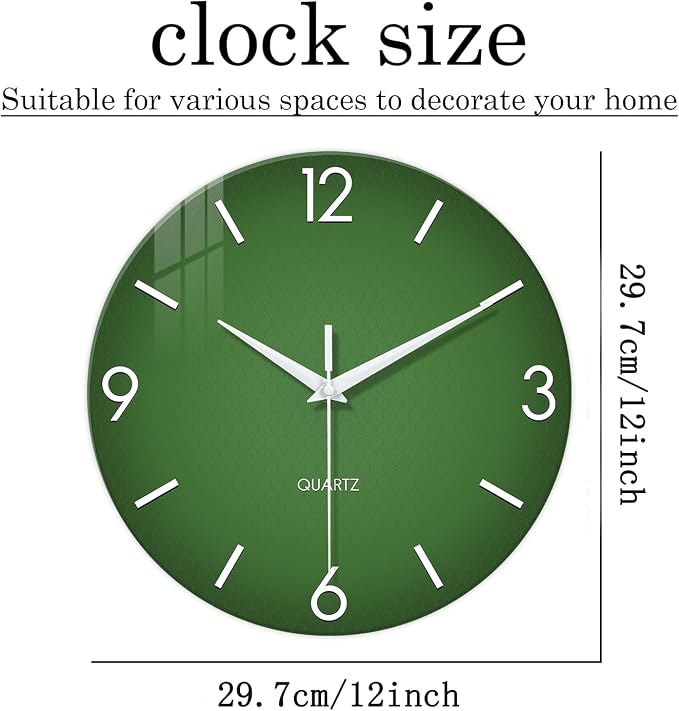 XFM Green Wall Clock Battery Operated 12 Inch Silent Simple | Non-Ticking Battery Operated Modern Minimalist Decorative for Kitchen Bedroom Home Office
