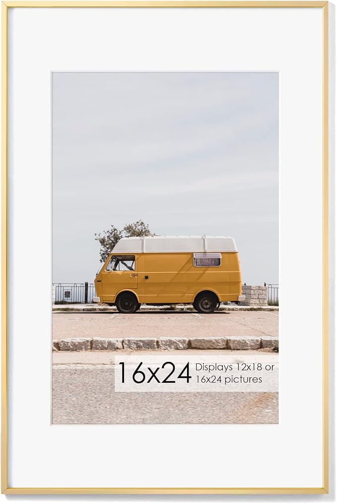Fun Memories 16x24 Frame Gold, 16 x 24 Poster Frame with Mat for 12x18 Photo-Tempered Glass, Wall Hook Included, Set of 1