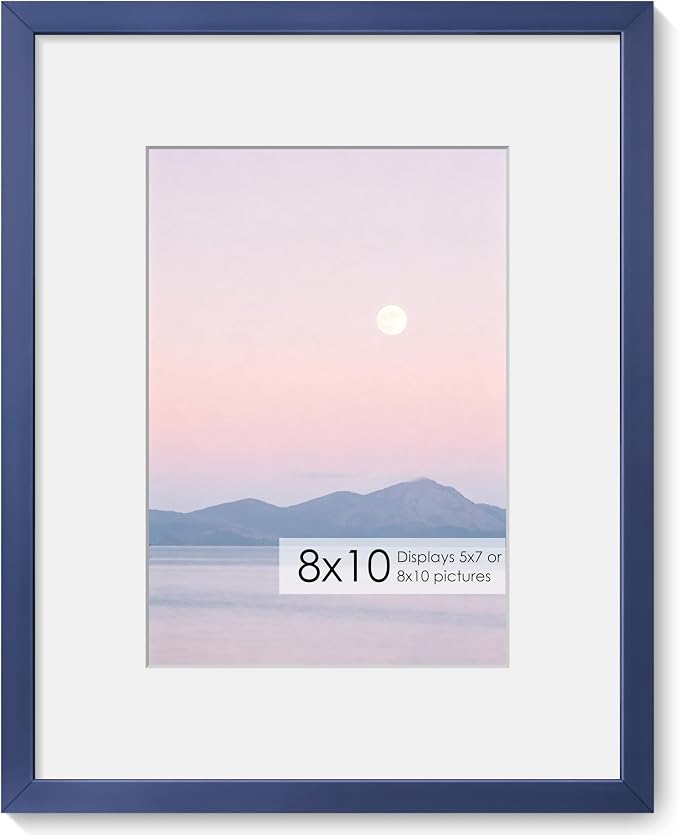 Fun Memories 8x10 Inch Metal Picture Frame - Aluminum Photo Frames - 5x7 Mat - Ideal for Wall or Tabletop Display - Wall Hook Hanging Hardware Included - Navy Blue - Set of 1