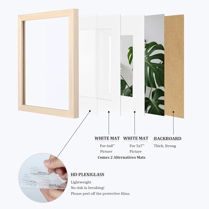 Egofine 9x12 Picture Frames Set of 4, Made of Solid Wood Covered by Plexiglass 5x7 and 6x8 with Mat or 9x12 without Mat, for Table Top Display and Wall Mounting Photo Frame Oak Wood