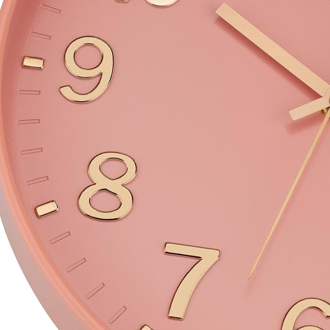 Lumuasky Wall Clock Pink Modern 12 Inch Battery Operated Silent Non-Ticking Decorative Clock for Living Room Bedroom Office Kitchen School Classroom Nursery Decor, 3D Numbers Easy to Read