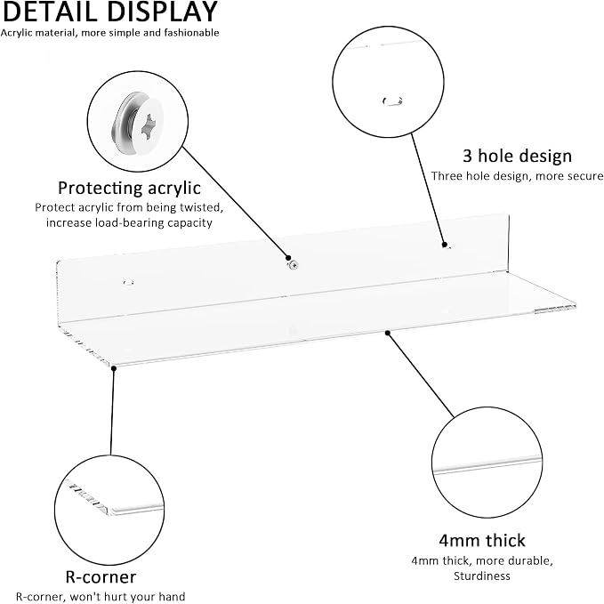 Sezanrpt 20 Inch Clear Wall Shelves for Wall, Wall Mounted Acrylic Floating Shelf for Plants, Speaker, Radio, Funko Pop, Stuffed Animal, Books, Cosmetics, Toiletries, 2 Pack (20 Inch)