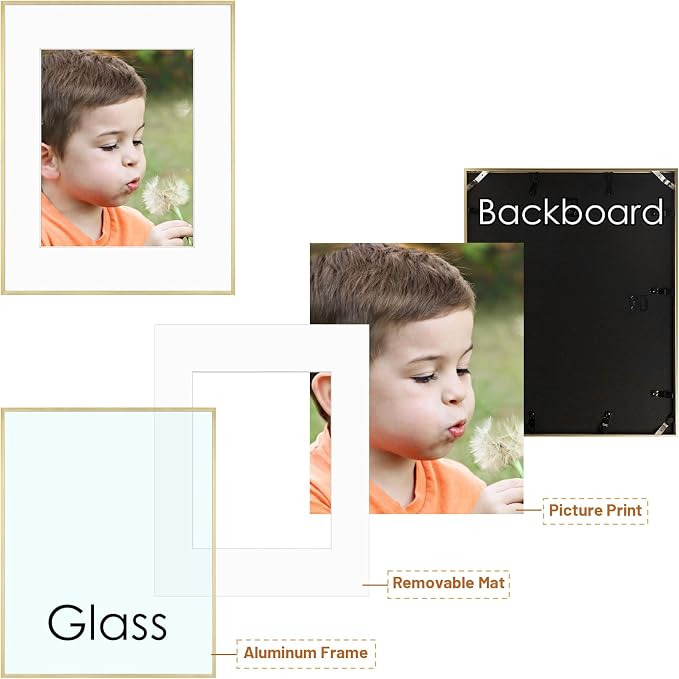 Frametory 2 Pack 16x20 Aluminum Frame with Mat for 11x14 Photo, Gold
