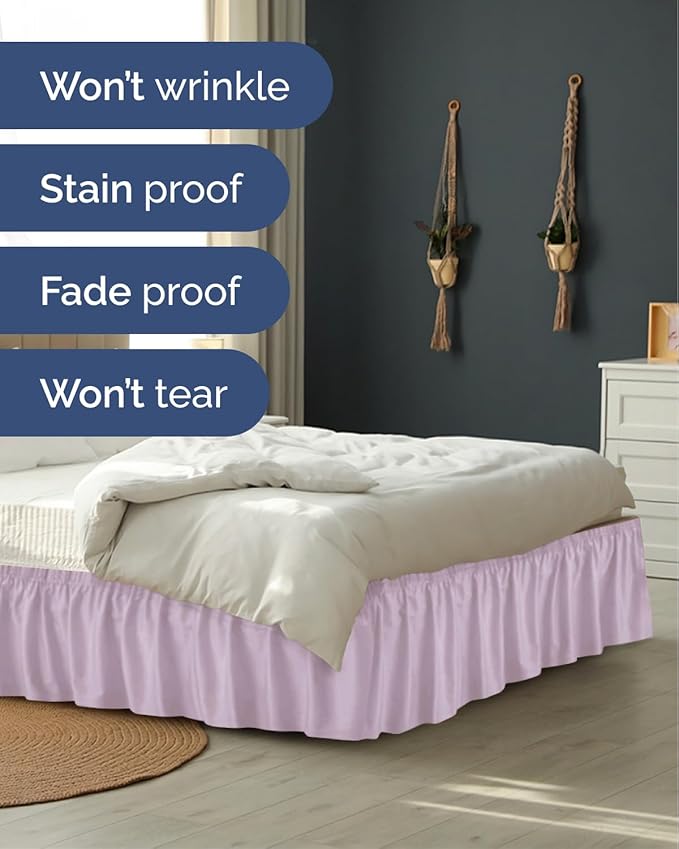 Wrap Around Dust Ruffle Bed Skirt - Light Lavender - for Twin Size Beds w/ 9 Inch Drop - Easy Fit Elastic Strap - Adjustable Pleated Bedskirt Brushed Fabric - Wrinkle-Free - Women, Men, Kids & Teens