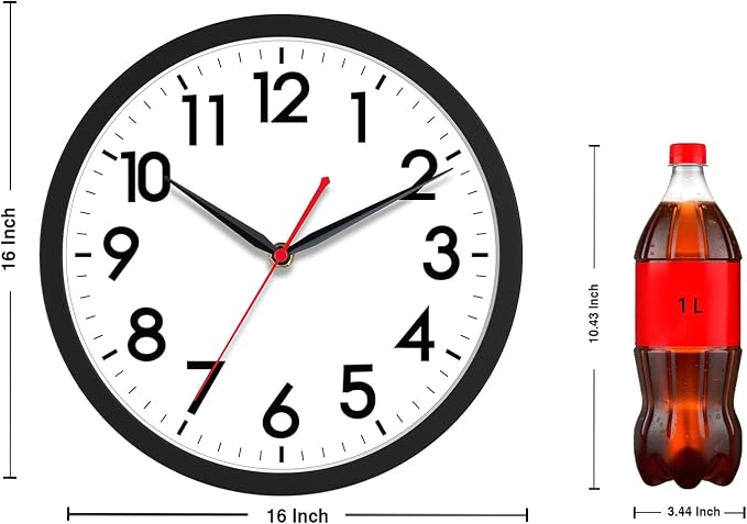 AKCISOT 16 Inch Wall Clock, Silent Battery Operated Analog Clock, Black | Large Size | Living Room | Kitchen | Classroom | Office | Easy to Read Numbers