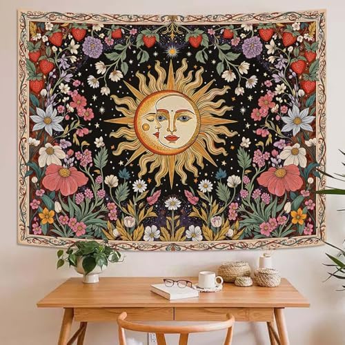 Accnicc Sun and Moon Tapestry Boho Vintage Floral Wall Tapestry for Bedroom Aesthetic Hippie Celestial Botanical Colorful Plant Small Tapestries Wall Hanging for Living Room Dorm 48 x 36 Inch