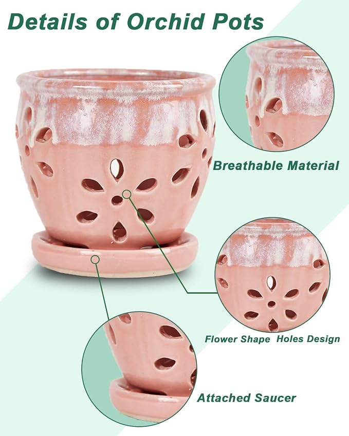 vensovo 5 Inch Ceramic Orchid Pot with Holes and Saucer, Pink