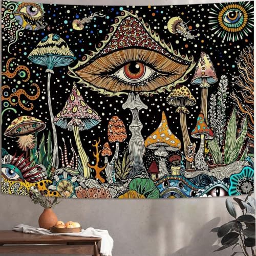 Neasow Hippie Mushroom Tapestry, Abstract Fantasy Eye Wall Hanging, Aesthetic Cute Nature Dot Art Decor for Bedroom Dorm Living Room, 44x60 inches