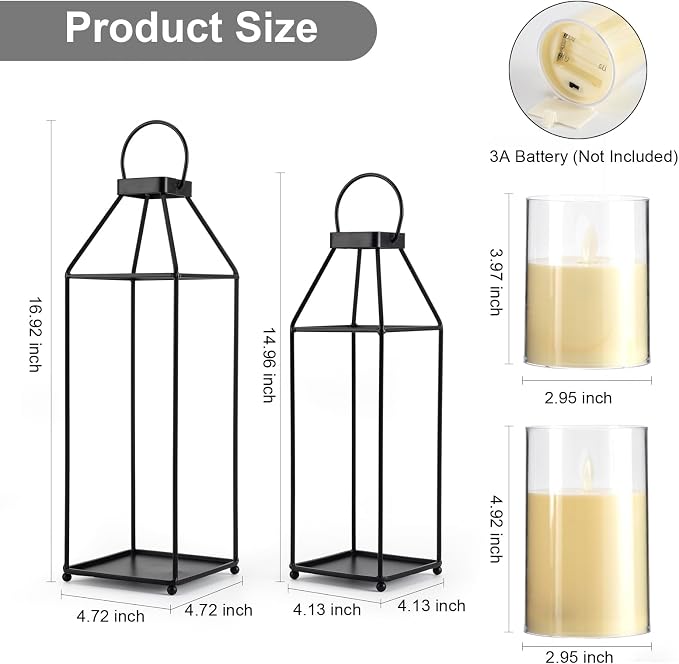 Lanterns Decorative Outdoor 2PCS Front Porch Decor Lantern with LED Candles | Black Metal Decor lantern for Home Decor Patio Fireplace Mantle or Table Centerpiece Halloween Christmas Lantern Decor