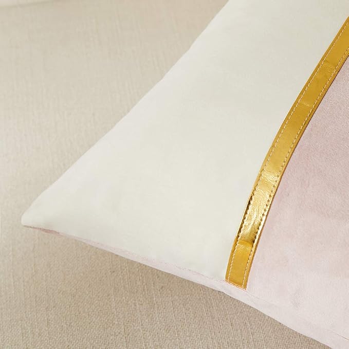 Fancy Homi 2 Packs Decorative Throw Pillow Covers 12x20 Inch for Living Room Couch Bed, Blush Pink and White Velvet Patchwork with Gold Leather, Luxury Modern Home Decor, Lumbar Cushion Case 30x50 cm