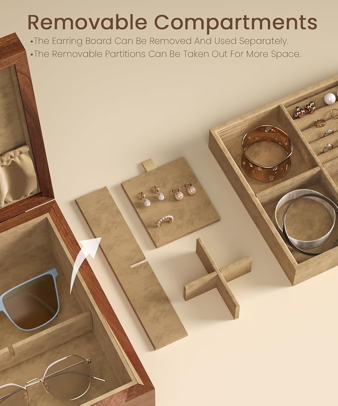 Acacia Wood Jewelry Box with Hinged Lid and Removable Velvet Tray | Magnetic Sealed Lid,Scratch-proof,Compartmentalized, Necklace Earring Rings and Bracelet Organizer