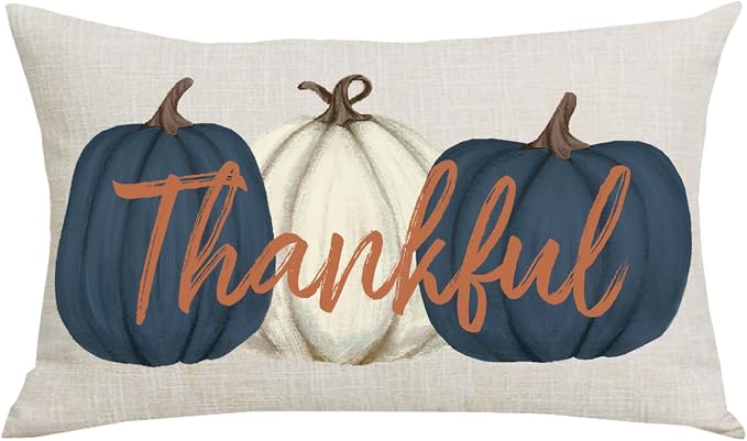 Ink Painting Blue Pumpkins Thankful Fall Y'all Thanksgiving Day Home Sofa Chair Bed Decoration Lumbar Pillowcase Cotton Linen Decorative Throw Pillow Cover Case Rectangular 12 x 20 Inches