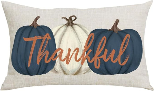 Ink Painting Blue Pumpkins Thankful Fall Y'all Thanksgiving Day Home Sofa Chair Bed Decoration Lumbar Pillowcase Cotton Linen Decorative Throw Pillow Cover Case Rectangular 12 x 20 Inches