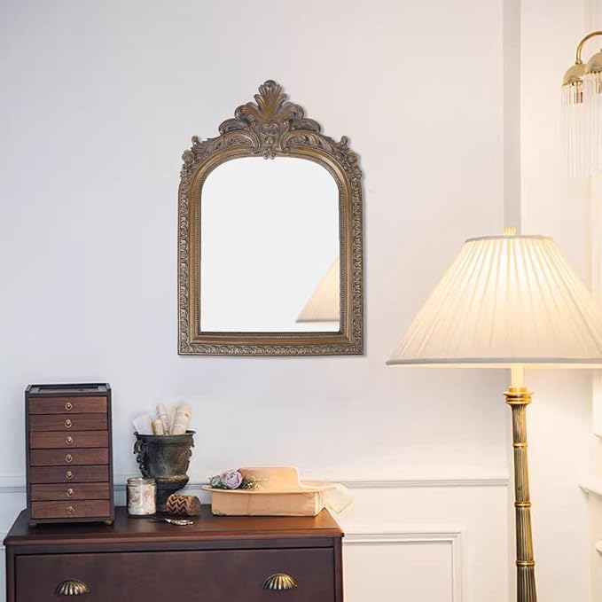 Bronze Vintage Vanity Desk Makeup Mirror Antique Decorative Wall Mirror,Resin Carved Arched Mirror for Living Room,Bedroom Dresser,Home Decor ﻿ (Large)