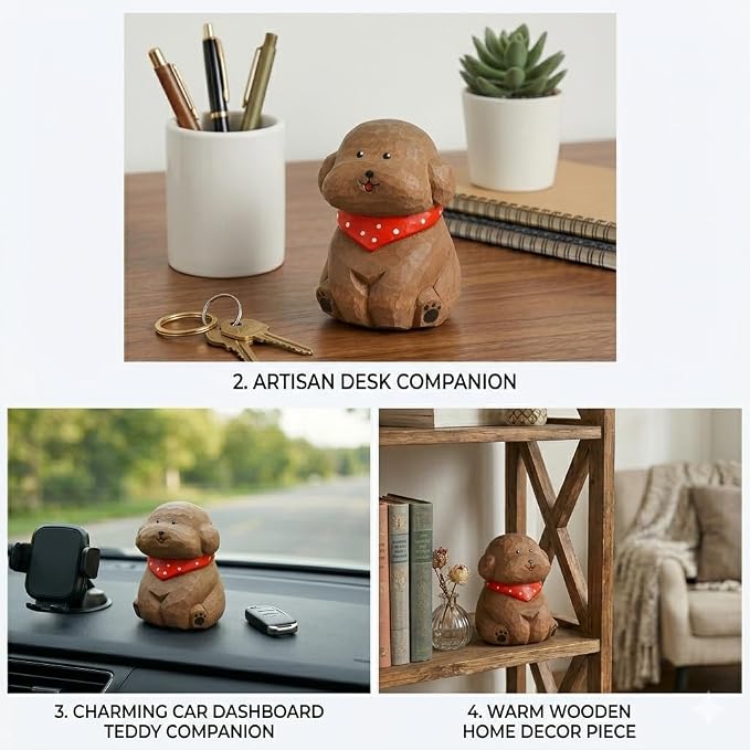 Hand-Carved Wooden Teddy Dog Figurine, 2.7" Brown Puppy Statue with Base for Car Dashboard, Desk & Home Decor, Gift for Dog Lovers