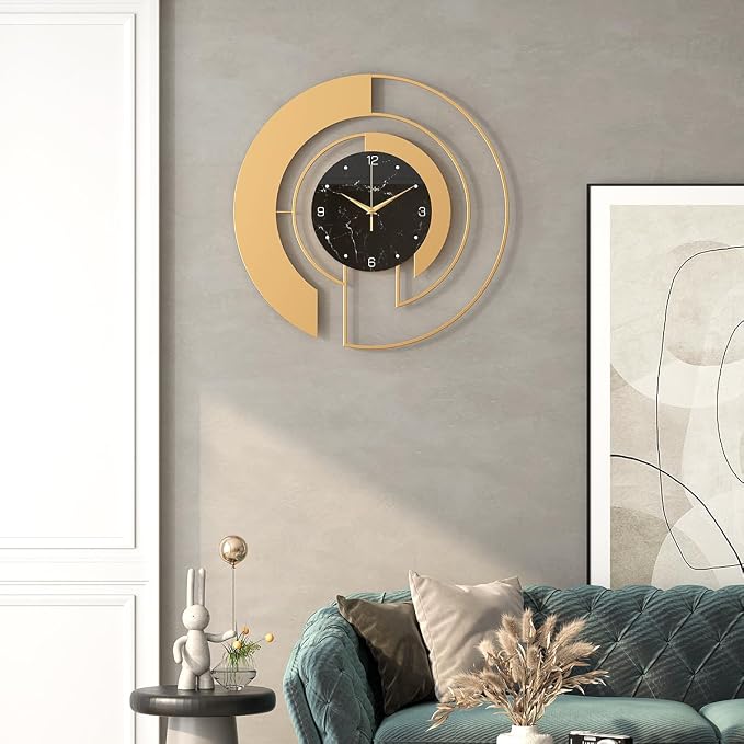 18-Inch Modern Large Metal Wall Clock, Marble-Patterned Tempered Glass Dial, Silent, Non Ticking, Battery Operated Gold Creative Clock, for Bedroom aqnd Living Room Home Wall Decoration