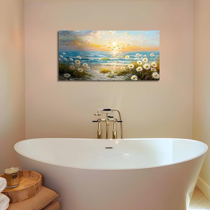 SERIMINO Sunset Landscape Wall Art, Coastal Floral Canvas Painting 20"X40" | Coastal Wall Decor, Seaside Daisy Wildflower Art Prints, Bedroom Living Room Dining Room Decor, Ready To Hang, Vibrant Colors