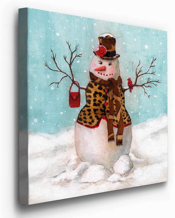 Renditions Gallery Canvas Wall Art Paintings & Prints Snowwoman with Hat & Cardinal in Winter Snow Abstract Hanging Artwork for Bedroom Home Kitchen Wall Decorations - 16"X16" LT05
