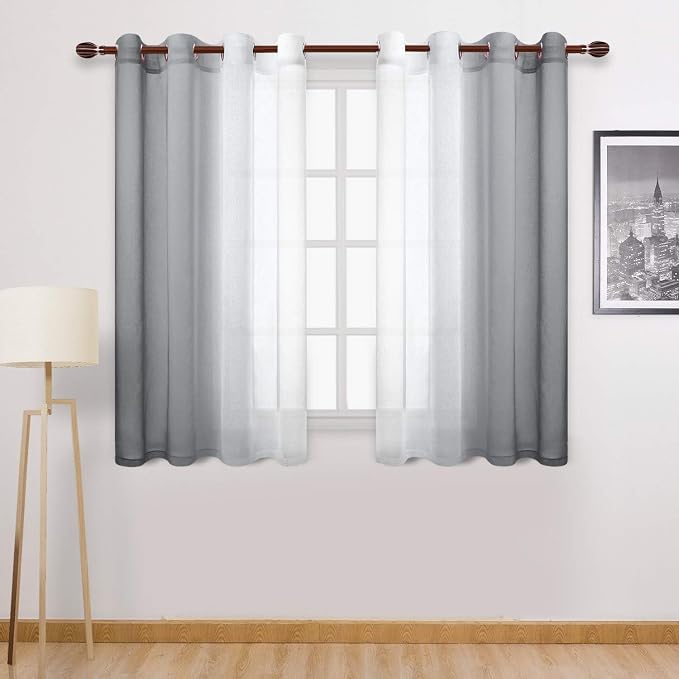 DWCN Grey Ombre Short Sheer Curtains - Faux Linen Semi Voile Gradient Light-Filtering Bedroom and Living Room Curtains, Set of 2 Grommet Top Window Drape Panels, 52 x 45 Inch Length