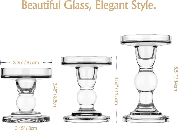 Lewondr Glass Candle Holders, Pillar Candle Holder, 3 Pcs, Crystal Clear