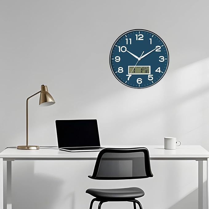 AKCISOT 12 Inch Wall Clock, Silent Battery Operated Analog Clock, Blue | LCD | Office | Kitchen | Living Room | Classroom | Easy-to-read Numbers
