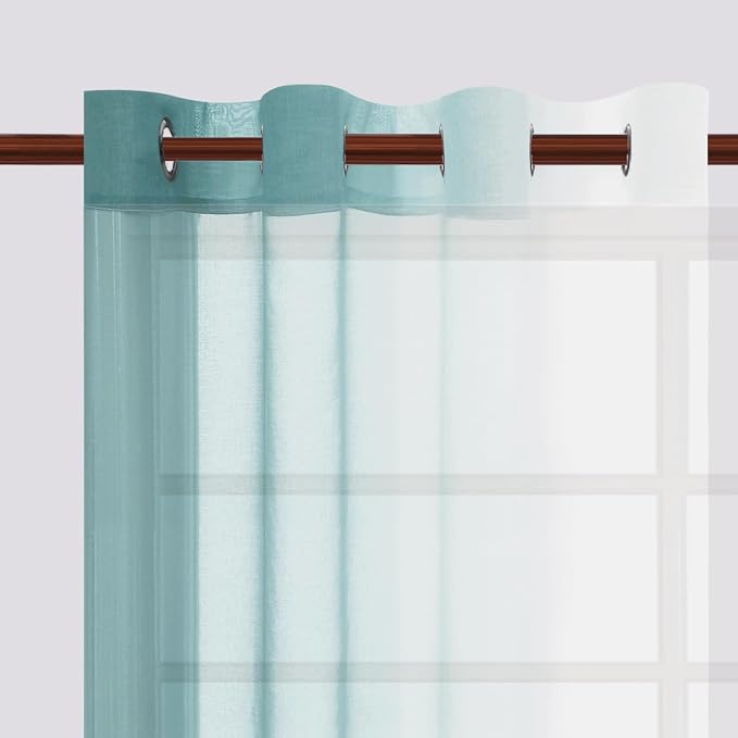 DWCN Ombre Faux Linen Extra Long Sheer Curtains - Semi Voile Gradient Grommet Top Curtains for Bedroom and Living Room, 52 x 102 Inches Long, Set of 2 Window Curtain Panels, Peacock Blue