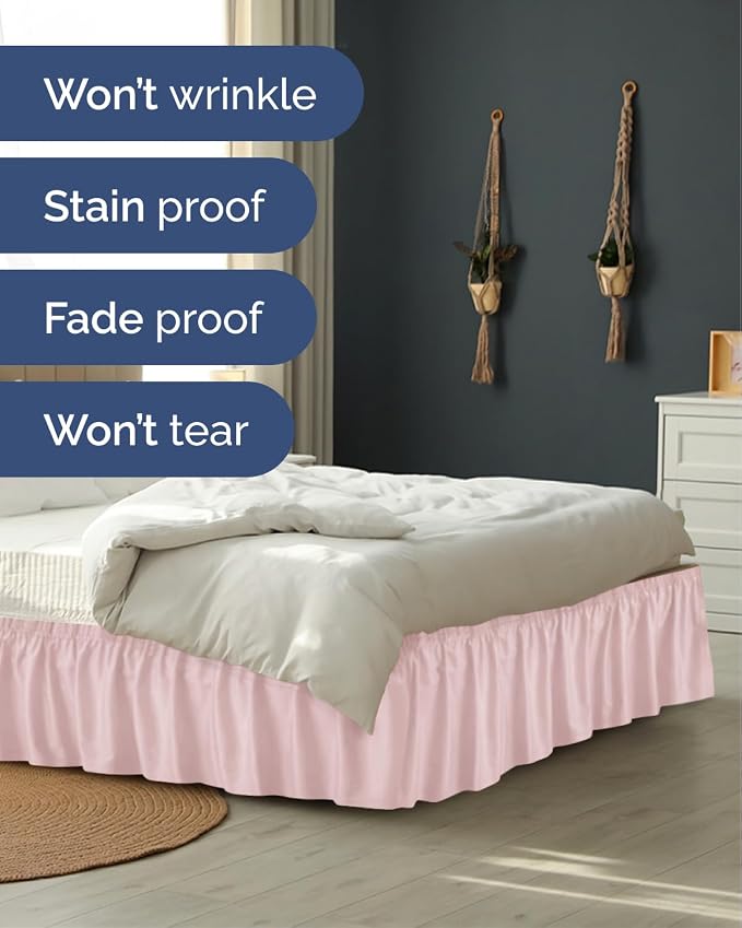 Wrap Around Dust Ruffle Bed Skirt - Lavender Pink - for Queen Size Beds w/ 14 Inch Drop - Easy Fit Elastic Strap - Adjustable Pleated Bedskirt Brushed Fabric - Wrinkle Free - Women, Men, Kids & Teens
