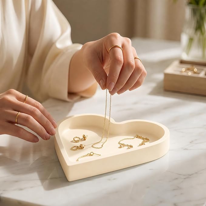 2 Pack Heart Shape Silicone Jewelry Tray, Soft Shatterproof Ring Dish, Small Trinket Tray for Necklace Earrings Keys, Cute Vanity Organizer, Home Decor Gift for Mom Sister Daughter Girlfriend, Beige