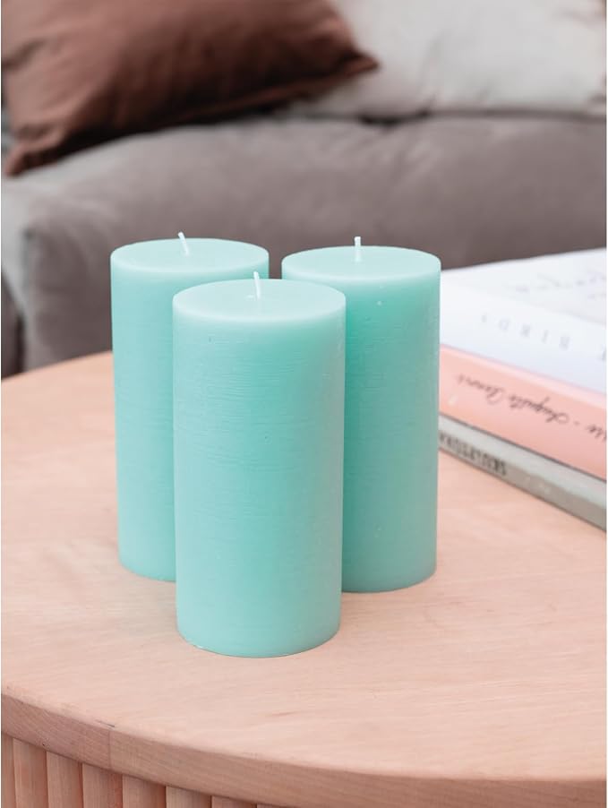 CANDWAX Large Pillar Candles 3x6 Inch – Set of 3 Unscented Dripless Light Turquoise Candles, Rustic Style for Home Decor, Events, Weddings