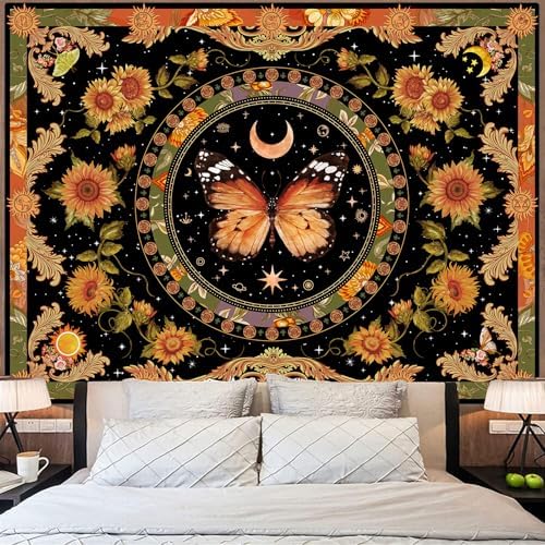 Accnicc Butterfly Floral Tapestry Vintage Indie Boho Flower Tapestries for Bedroom Aesthetic Retro Yellow Sunflower Moth Tapestry Wall Hanging for Dorm Living Room (80'' × 60'')
