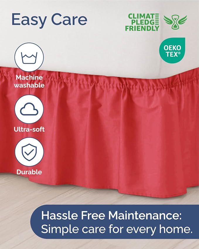 Wrap Around Dust Ruffle Bed Skirt - Red - for Full Size Beds w/ 9 Inch Drop - Easy Fit Elastic Strap - Adjustable Pleated Bedskirt w/Brushed Fabric - Wrinkle & Fade Free - Women, Men, Kids & Teens