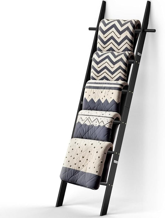 Farmhouse Wooden Blanket Ladder with Removable Hooks Black 6-Tier | Leaning Towel Quilt Display Storage, Rustic Blanket Rack Decorative Stand for Bathroom Living Room Decor