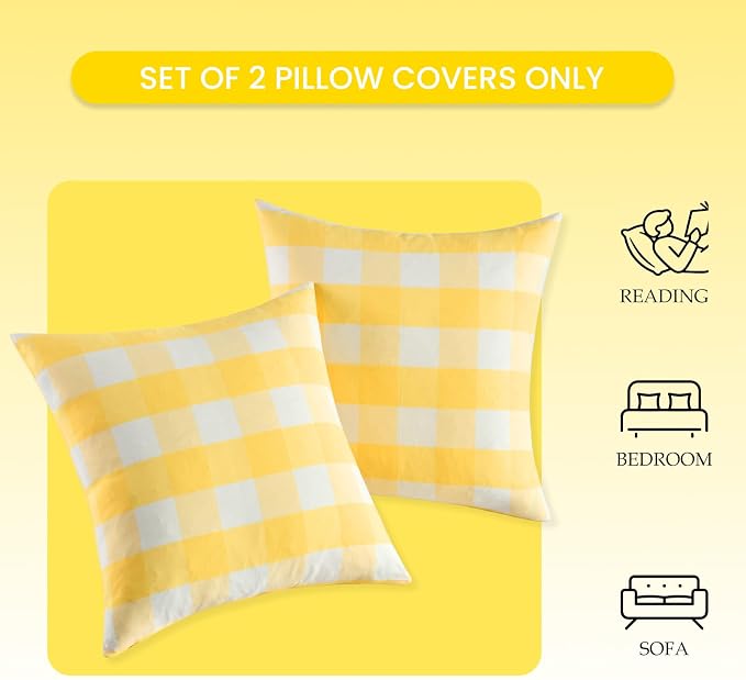 Yellow and White Summer Outdoor Buffalo Plaid Pillow Covers 18x18 Set of 2, Yellow Outdoor Decorative Patio Throw Pillows 18 x 18, Buffalo Check Pillow Covers for Patio Furniture (No Pillow Inserts)