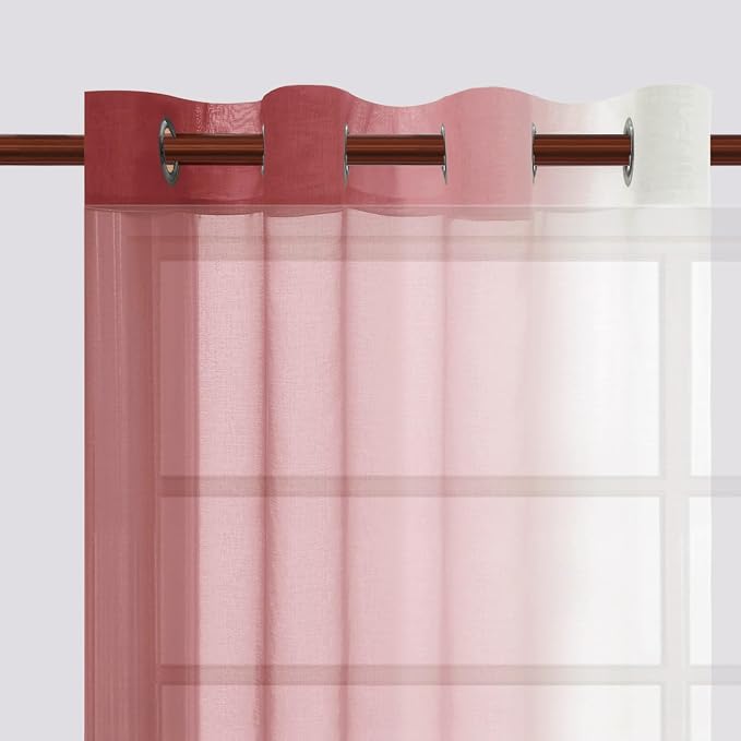 DWCN Faux Linen Ombre Sheer Curtains - Gradient Semi Voile Curtains for Bedroom and Living Room, Grommet Top Window Curtains, 2 Panels, 52 x 108 Inches Long, Burgundy