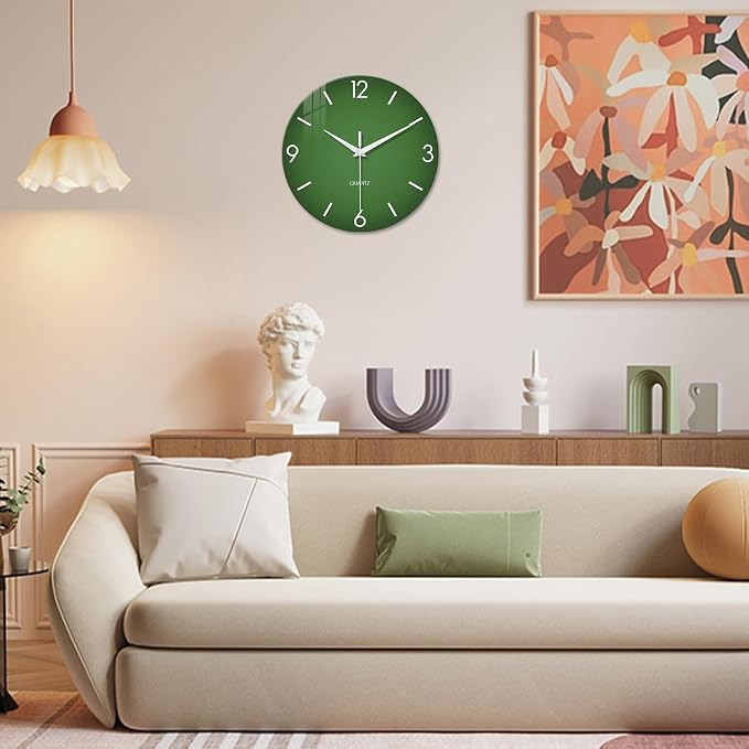 XFM Modern Green Wall Clock 14 Inch Silent Non-Ticking | Battery Operated Simple Minimalist Quartz Decorative for Living Room Bedroom Office Decor