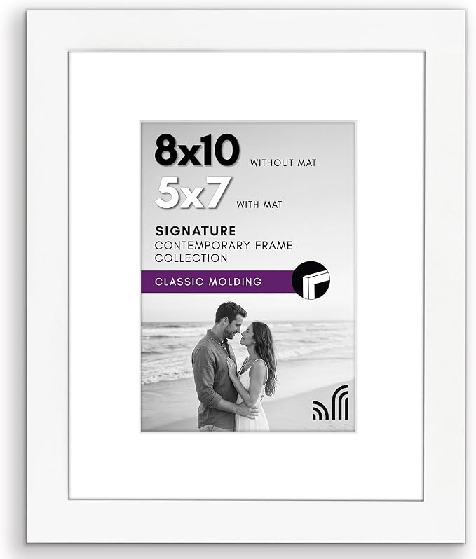 Americanflat 8x10 Picture Frame with Shatter-Resistant Glass - Use as 5x7 Frame with Mat or Display 8x10 Photo Without Mat - Signature Collection - Picture Frames for Tabletop and Wall Display - White