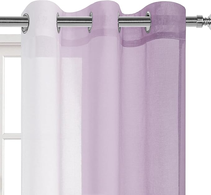 DWCN Ombre Sheer Curtains - 84 inches Long Faux Linen Gradient Semi Voile Curtains for Bedroom and Living Room, Set of 2 Grommet Top Window Curtain Panels, 42 x 84 Inches Long, Lavender