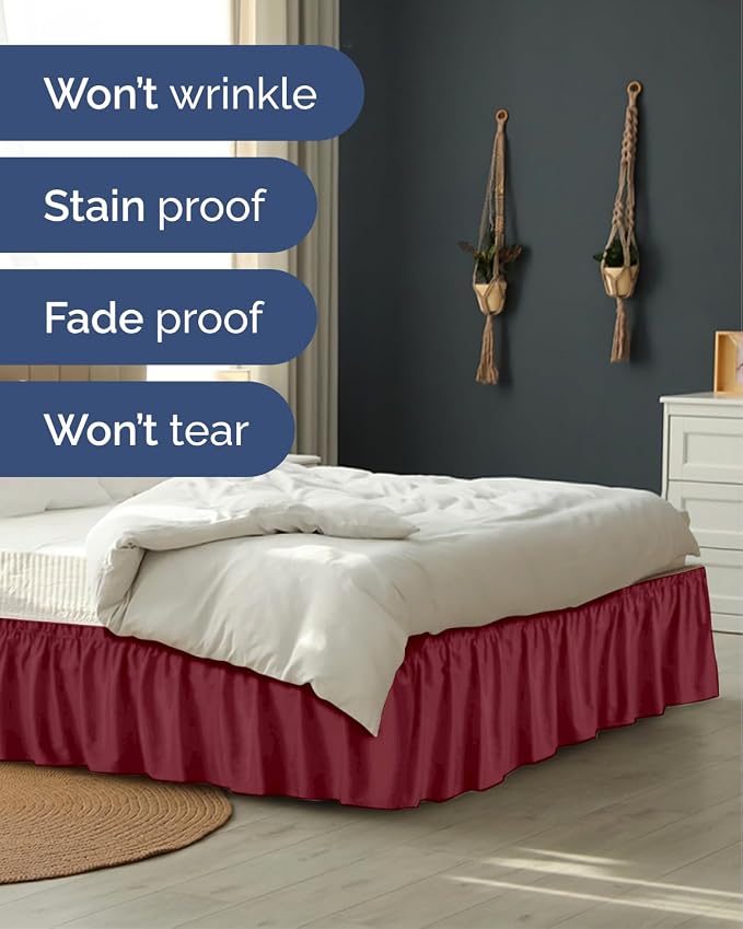 Wrap Around Dust Ruffle Bed Skirt - Burgundy - for Queen Size Beds w/ 16 Inch Drop - Easy Fit Elastic Strap - Adjustable Pleated Bedskirt w/Brushed Fabric - Wrinkle Free - Women, Men, Kids & Teens