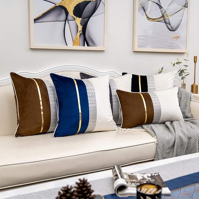 Yangest Dark Grey Patchwork Velvet Throw Pillow Cover with Gold Striped Leather Cushion Case Modern Luxury Pillowcase for Sofa Couch Bedroom Living Room Home Decor,18"x18"