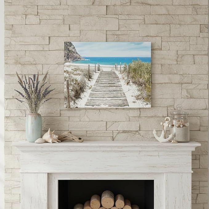 Bathroom Wall Art Beach Picture: Modern Ocean View Sea Canvas Artwork Decor Contemporary Coastal Scene Wave Seascape Painting Horizontal Scenic Nature Landscape Seaside Boardwalk Prints for Living
