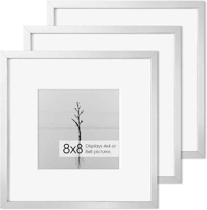 Fun Memories 8x8 Aluminum Picture Frame, Premium Square Photo Frames with Mat for 4x4 or Without Mat for 8 x 8, Simple and Elegant Decor for Wall Mounting, Silver, 3 Pack
