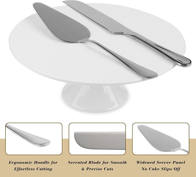 12 Inch White Porcelain Wedding Cake Stand with Knife and Server Set | Round Cake Plate Display Holder for Birthday, Baby Shower, Party Dessert Cupcake, Home Decorating Stand