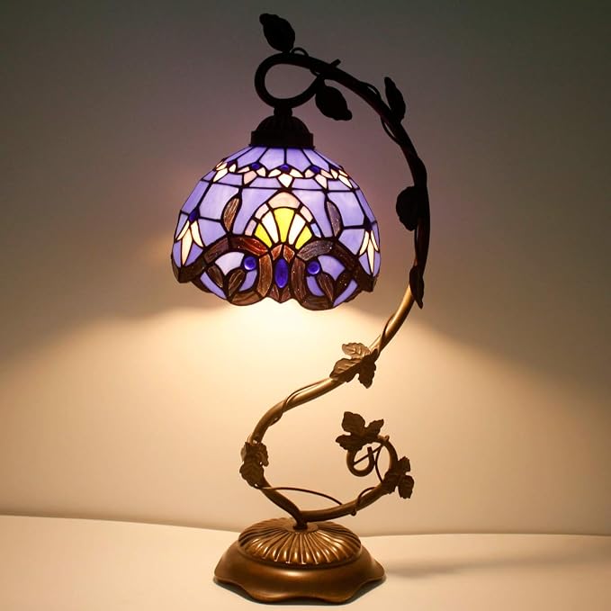 WERFACTORY Tiffany Table Lamp Blue Purple Stained Glass Baroque Style Reading Desk Light, Metal Leaf Base 8X10X21 Inches Decor Small Space Bedside Bedroom Home Office S003C Series