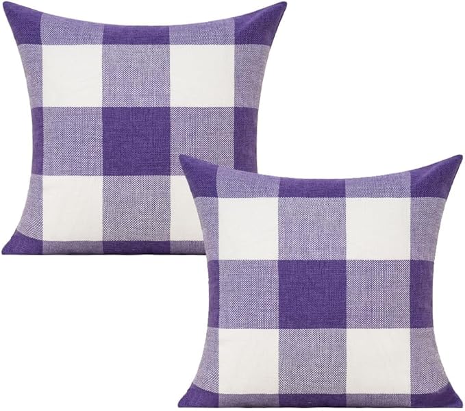 VAKADO Purple White Outdoor Farmhouse Buffalo Plaids Decorative Throw Pillow Covers Retro Checked Square Cushion Cases Classic Coffee Check Home Decor for Couch Sofa Patio 26x26 Inch Pack of 2