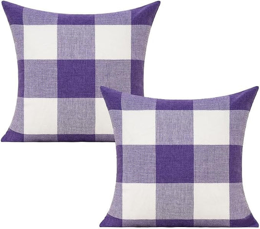 VAKADO Purple Outdoor Farmhouse Buffalo Plaids Decorative Throw Pillow Covers Retro Checked Square Cushion Cases Classic Coffee Check Home Decor for Couch Sofa Patio 24x24 Inch Pack of 2