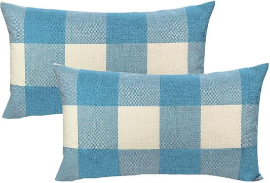 VAKADO 12x20 Inch Buffalo Plaids Decorative Throw Pillow Cases Farmhouse Retro Checkers Lumbar Rectangle Cushion Covers Home Decor for Sofa Couch Set of 2, Sky Blue White