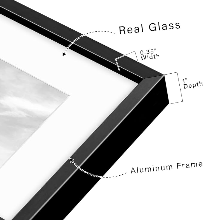 Frametory 9x12 Black Aluminum Metal Picture Frame Mat for 6x8 Glass