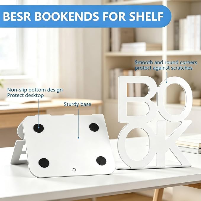 Book Ends - Decorative Metal Book Ends Supports for Bookrack Desk,Books, Unique Appearance Design,Heavy Duty (White, 4 Pair)