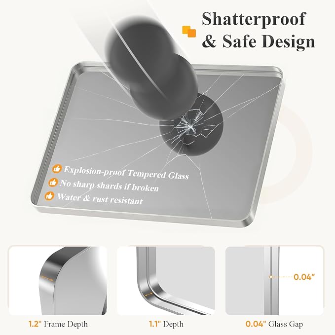 Sweetcrispy Bathroom Mirror 40x32 Inch, Vanity Mirror for Wall | Metal Framed Rounded Rectangle, Over Sink, Farmhouse, Restroom, Anti-Rust, Horizontal or Vertical Hanging, Silver
